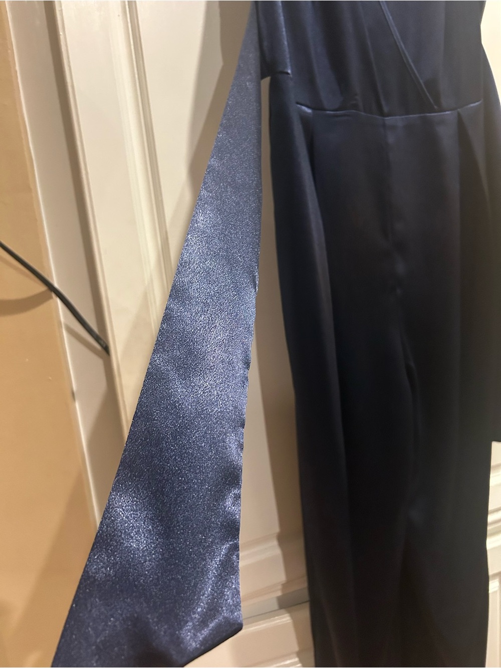 Navy Satin Wrap-Front Jumpsuit - Picture 12 of 15
